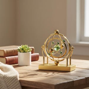 Könnte beinhalten: Eine goldfarbene, dekorative kinetische Skulptur mit kugelförmigem Design. Die Skulptur zeigt eine zentrale grüne Kugel, die von kleineren goldenen Kugeln und grünen Akzenten umgeben ist. Sie steht auf einem rechteckigen Sockel neben einer kleinen Sukkulente in einem weißen Topf.