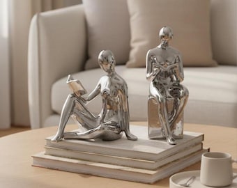 Modern Ceramic Girl Bookends Abstract Figure Book Holder Shelf Decor Set