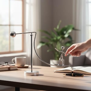 May include: A silver-colored Newton's cradle desk toy with a balancing figure. The desk toy features a curved metal arm with a sphere on one end and a balancing figure on the other. A hand is interacting with the figure. The desk toy is on a wooden desk.