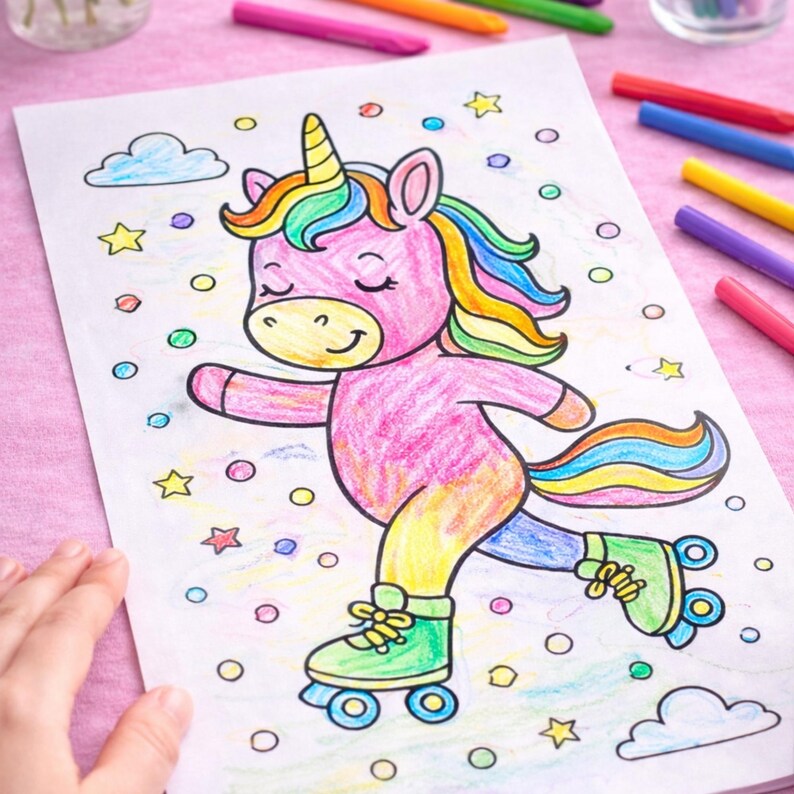 K&ouml;nnte beinhalten: Eine Ausmalvorlage mit einem rosa Einhorn auf Rollschuhen, mit einer Regenbogenm&auml;hne und einem Schweif. Das Einhorn ist von Sternen, Wolken und bunten Kreisen umgeben. Buntstifte in verschiedenen Farben sind um die Seite verstreut.