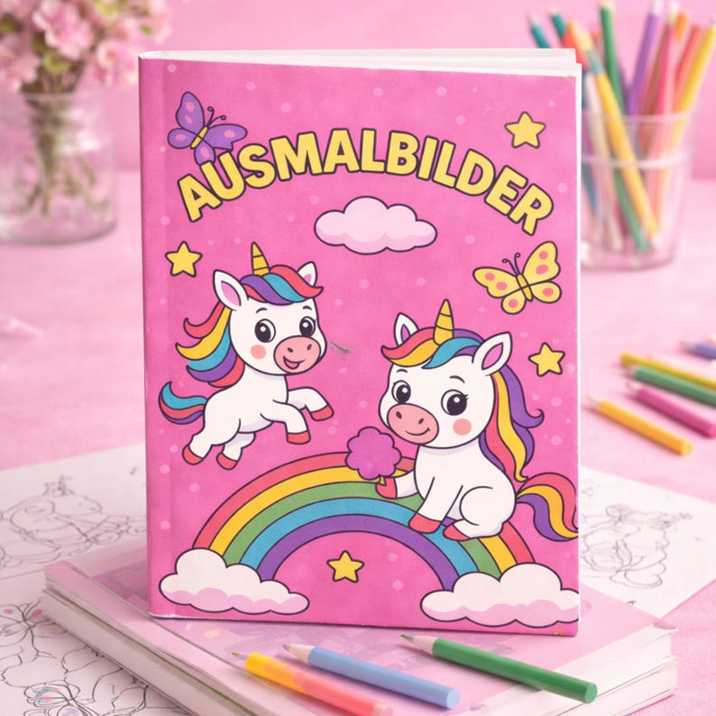 K&ouml;nnte beinhalten: Ein rosa Malbuch mit dem Wort "AUSMALBILDER" in Gelb. Das Cover zeigt zwei Cartoon-Einh&ouml;rner, einen Regenbogen, Schmetterlinge und Sterne. Buntstifte sind im Hintergrund zu sehen.