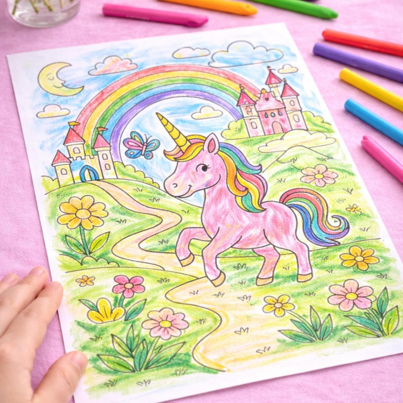 K&ouml;nnte beinhalten: Ausgemalte Malvorlage mit einem rosa Einhorn mit Regenbogenm&auml;hne und -schwanz, einem Regenbogen und einem Schloss. Buntstifte in verschiedenen Farben umgeben die Zeichnung auf einer rosa Oberfl&auml;che. Eine skurrile Illustration.