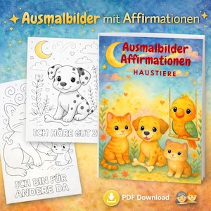 Libro para colorear de afirmaciones para niños de 3 a 8 años: Fortalece los sentimientos y la autoestima | Páginas para colorear con mascotas | Descarga instantánea en PDF | Imprimible