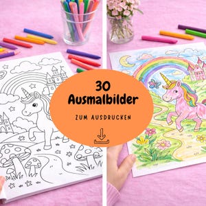 K&ouml;nnte beinhalten: Ausmalbilder mit Einh&ouml;rnern, Regenbogen und Burgen. Das Bild zeigt Buntstifte und den Text "30 Ausmalbilder zum Ausdrucken". Die Malvorlagen liegen auf einer rosa Oberfl&auml;che.