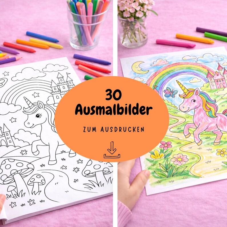 K&ouml;nnte beinhalten: Ausmalbilder mit Einh&ouml;rnern, Regenbogen und Burgen. Das Bild zeigt Buntstifte und den Text "30 Ausmalbilder zum Ausdrucken". Die Malvorlagen liegen auf einer rosa Oberfl&auml;che.