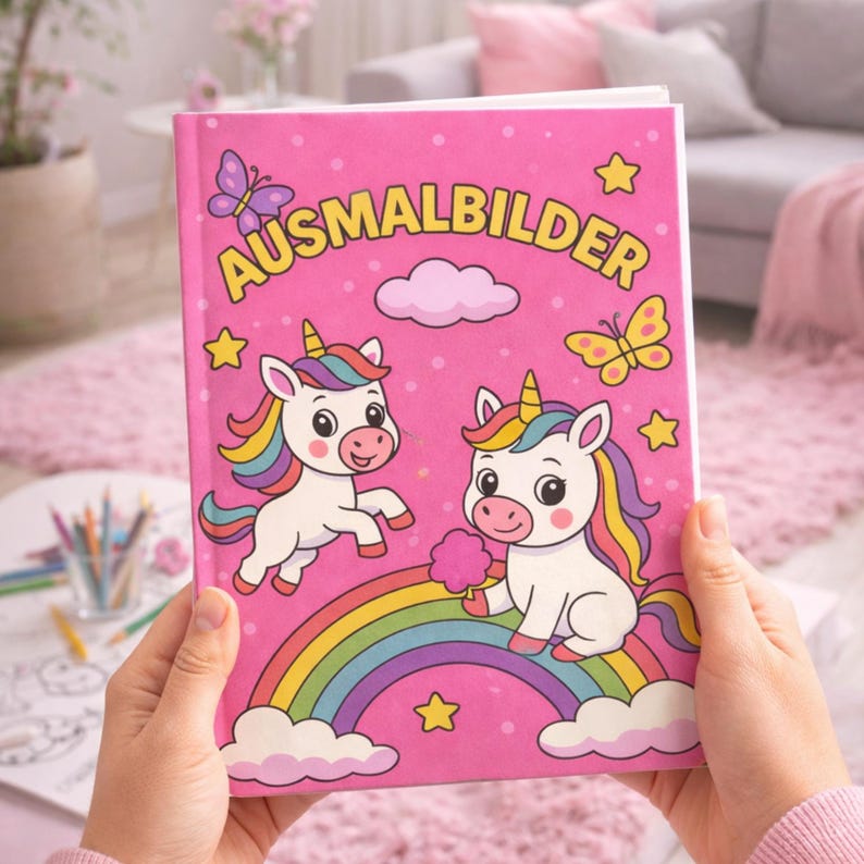K&ouml;nnte beinhalten: Ein rosa Malbuch mit dem deutschen Wort "AUSMALBILDER" auf dem Cover. Das Cover zeigt zwei Cartoon-Einh&ouml;rner mit Regenbogenm&auml;hnen und einen Regenbogen, Schmetterlinge, Wolken und Sterne.