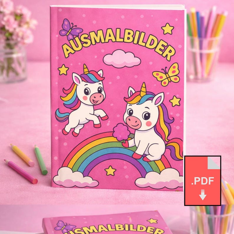 K&ouml;nnte beinhalten: Ein rosa Malbuch mit dem deutschen Wort "AUSMALBILDER" auf dem Cover, das Illustrationen von Einh&ouml;rnern, Regenbogen, Schmetterlingen und Sternen zeigt. Das Buch hat ein PDF-Download-Symbol in der Ecke.