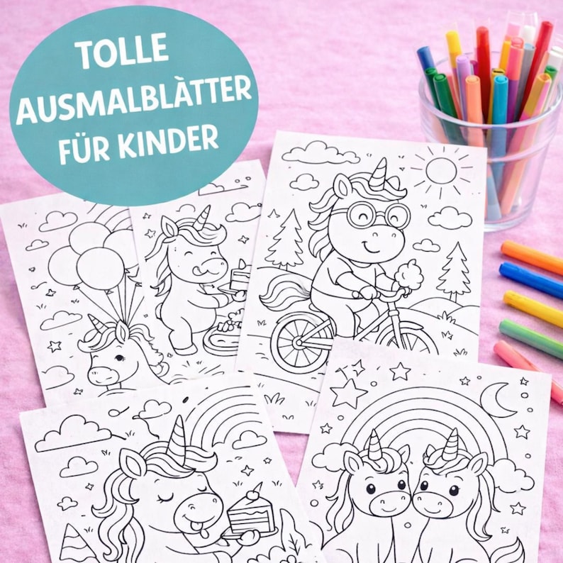 K&ouml;nnte beinhalten: Eine Sammlung von Einhorn-Malvorlagen mit verschiedenen Designs, darunter Einh&ouml;rner mit Ballons, Kuchen und Fahrradfahren. Der Text oben lautet "TOLLE AUSMALBL&Auml;TTER F&Uuml;R KINDER". Im Hintergrund befindet sich ein klares Glas mit bunten Markern.