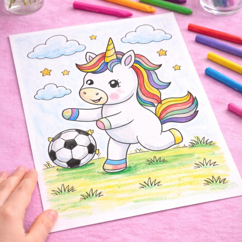 K&ouml;nnte beinhalten: Eine Malvorlage mit einem Cartoon-Einhorn, das Fu&szlig;ball spielt. Das Einhorn hat eine Regenbogenm&auml;hne und -schwanz, ein gelbes Horn und tritt einen schwarz-wei&szlig;en Fu&szlig;ball auf einem gr&uuml;nen Feld. Blaue Wolken und gelbe Sterne sind im Hintergrund.