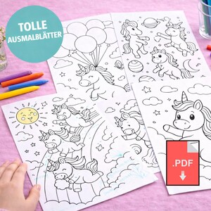 K&ouml;nnte beinhalten: Mehrere Ausmalbilder mit Einhorn-Illustrationen. Die Seiten sind Schwarz-Wei&szlig;-Strichzeichnungen von Einh&ouml;rnern mit Luftballons, Regenbogen und Planeten. Der Text "TOLLE AUSMALBL&Auml;TTER" befindet sich in einem blauen Kreis. Ein rotes PDF-Symbol befindet sich in der Ecke.