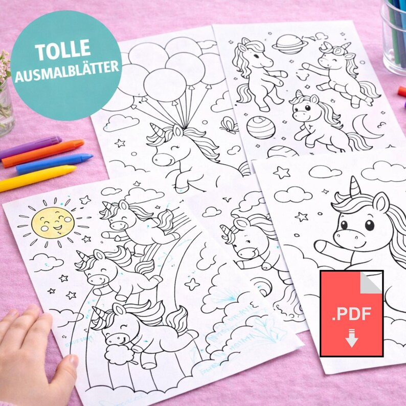 K&ouml;nnte beinhalten: Mehrere Ausmalbilder mit Einhorn-Illustrationen. Die Seiten sind Schwarz-Wei&szlig;-Strichzeichnungen von Einh&ouml;rnern mit Luftballons, Regenbogen und Planeten. Der Text "TOLLE AUSMALBL&Auml;TTER" befindet sich in einem blauen Kreis. Ein rotes PDF-Symbol befindet sich in der Ecke.