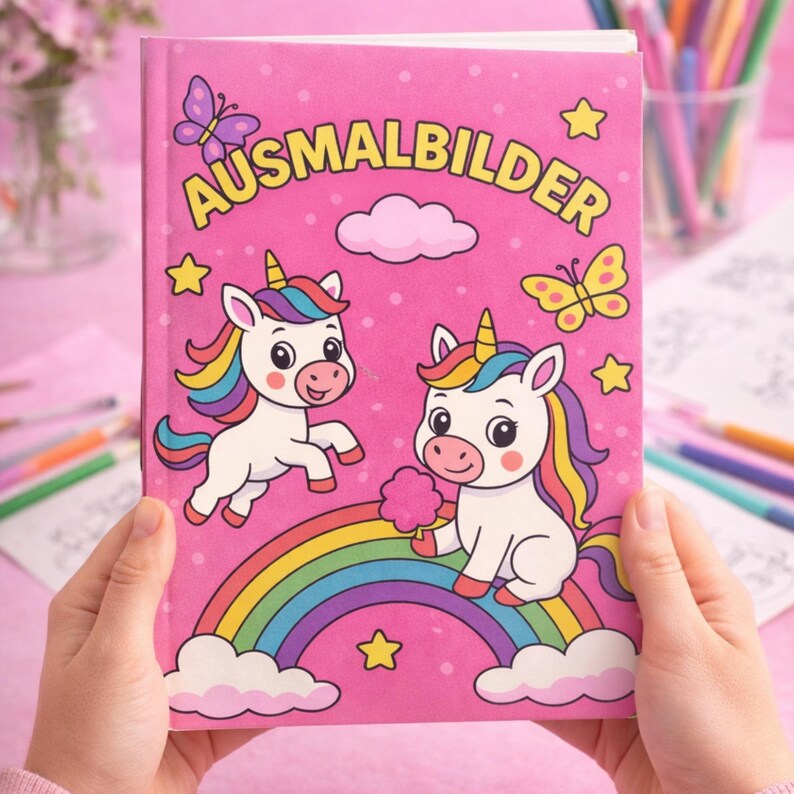 K&ouml;nnte beinhalten: Ein rosa Malbuch mit dem deutschen Wort "AUSMALBILDER" auf dem Cover. Das Cover zeigt zwei Cartoon-Einh&ouml;rner, einen Regenbogen, Sterne, Schmetterlinge und eine Wolke. Das Buch wird in den H&auml;nden einer Person gehalten.