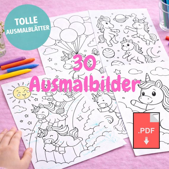 Zauberhafte Einhorn Ausmalbilder – 30 süße Unicorn Motive für Kinder | Digitales Ausmalbuch PDF | Einhorn Geschenk
