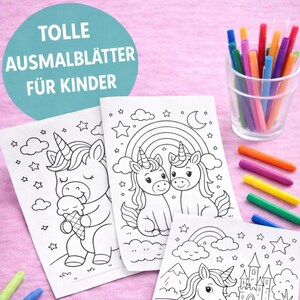 K&ouml;nnte beinhalten: Wei&szlig;e Malvorlagen mit Einhorn-Designs, zusammen mit einem Glas bunter Marker. Die Seiten haben Umrisse von Einh&ouml;rnern, Regenbogen und Burgen. Der Text oben links lautet "Tolle Ausmalbl&auml;tter f&uuml;r Kinder".
