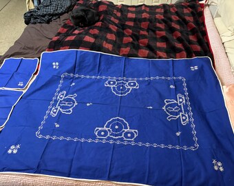 Vintage Blue Cross stitch/ embroidery Tablecloth w 3 napkins