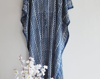 Indigo Blue Block Print Kaftan - Cotton Boho Maxi Dress - Beach Cover Up