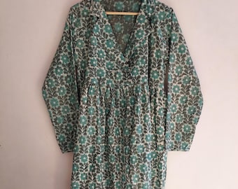 Teal Floral Block Print Cotton Maxi Dress, Boho Resort Wear