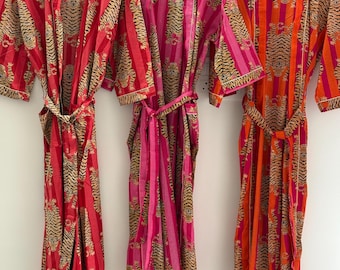 Tiger Print Cotton Kimono Robe, Hand Block Printed Indian Loungewear