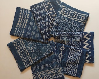 Indigo Cotton Scarves, Set of 7 Hand Block Printed Stoles, Blue Geometric Floral Wraps