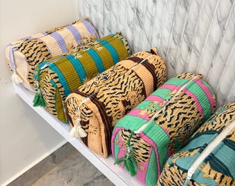 Quilted Cotton Cosmetic Bags, Tiger Print Kantha Pouches, Set of 3