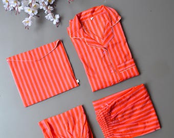 Pijama de algodón a rayas naranjas para mujer