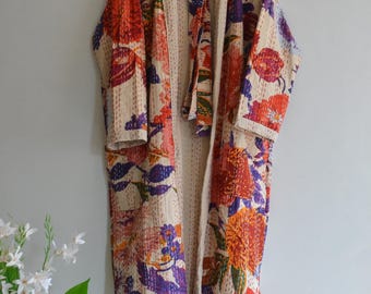 Handmade Floral Kantha Kimono Robe, Bohemian Quilted Cotton Cardigan