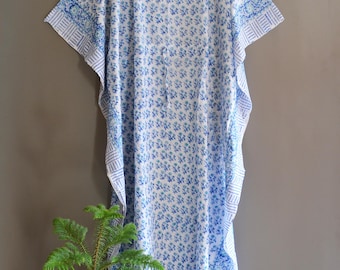 Hand Block Print Cotton Kaftan, Blue Floral Maxi Dress, Boho Loungewear
