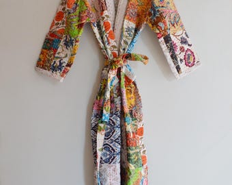 Handmade Cotton Kantha Kimono Robe, Patchwork Quilted Coat