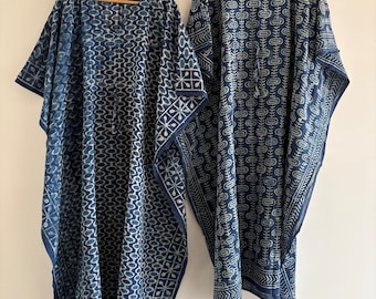 Caftan en coton indigo à imprimé blocs de main, longue robe bohème longue, vêtements de détente d'été à col en V