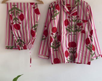 Hand Block Print Cotton Pajama Set, Pink Striped PJ Set for Women