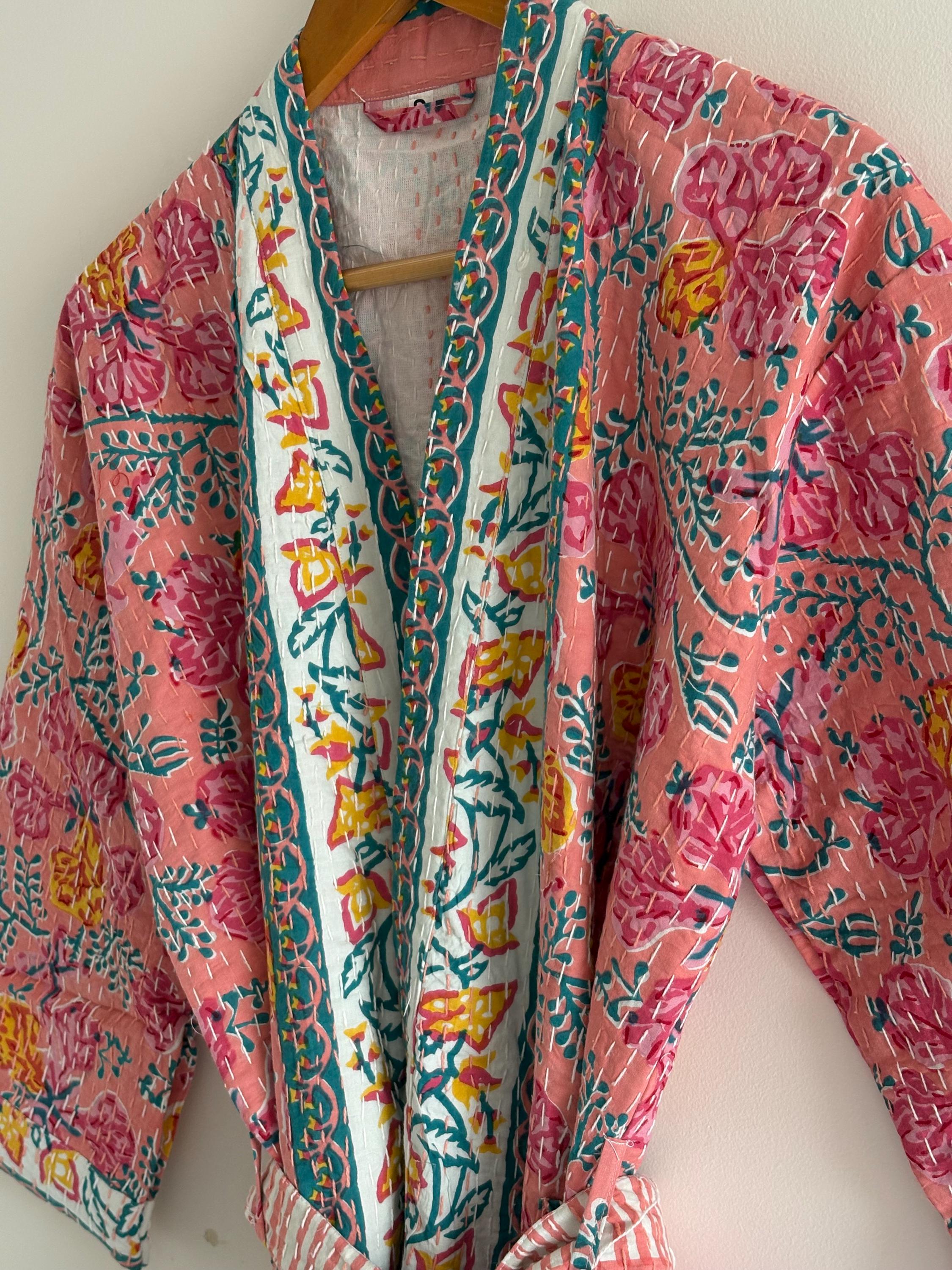 Pink Floral Block Print Bathrobe | Handmade Cotton Kantha Kimono Robe ...