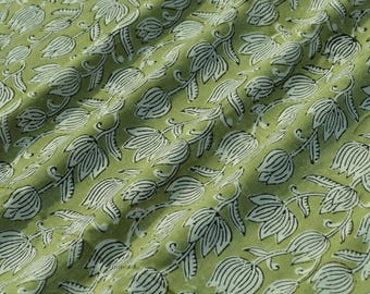 Hand Block Printed Cotton Fabric, Olive Green Floral, Jaipur Indian Fabric