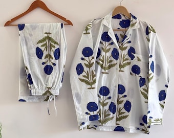 Blue Floral Cotton Pajama Set, Hand Block Print Lounge Wear