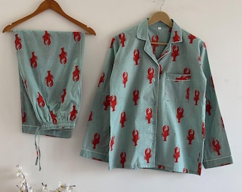 Lobster Print Cotton Pajama Set | Hand Block Printed Night Suit for Women