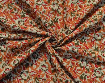 Floral Hand Block Print Cotton Fabric, Mustard Orange Jaipuri Material