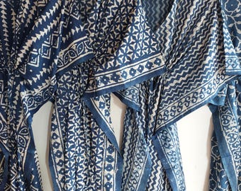 Indigo Block Print Cotton Kaftan | Boho Beach Cover Up, Plus Size