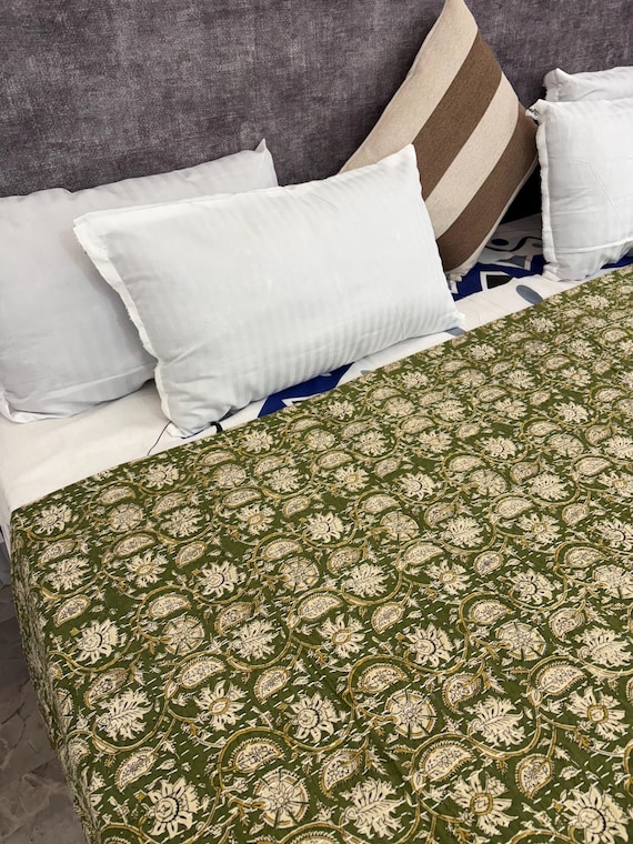 Sage Green Floral Kantha Quilt - Handmade Indian Cotton Bedspread - Reversible Block Print Blanket