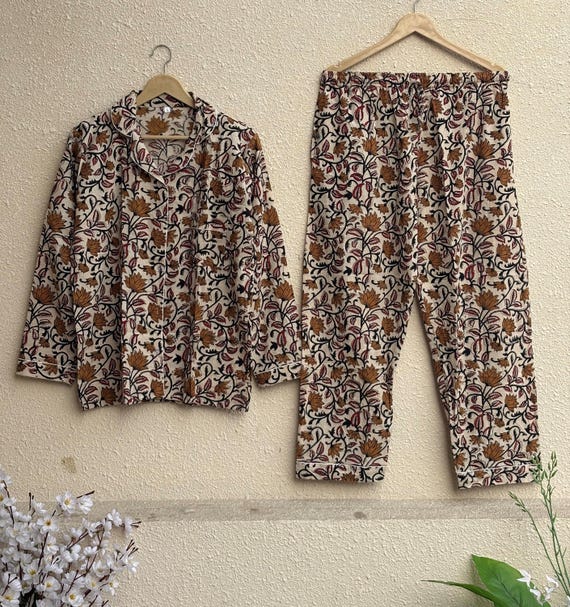 Hand Block Print Cotton PJ Set, Floral Indian Nightsuit with Travel Pouch