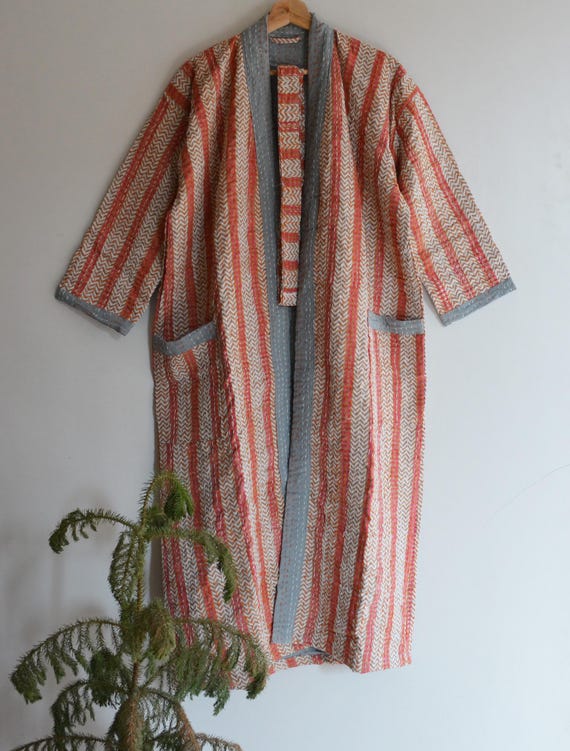 Kantha Quilt Kimono Robe, Quilted Robe Cotton Jacket, Grey Striped Bathrobe, Gift For Her