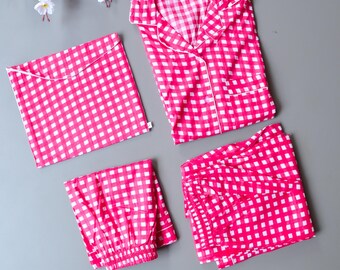 Pink Gingham Cotton Pajama Set, 4-Piece Loungewear with Pouch