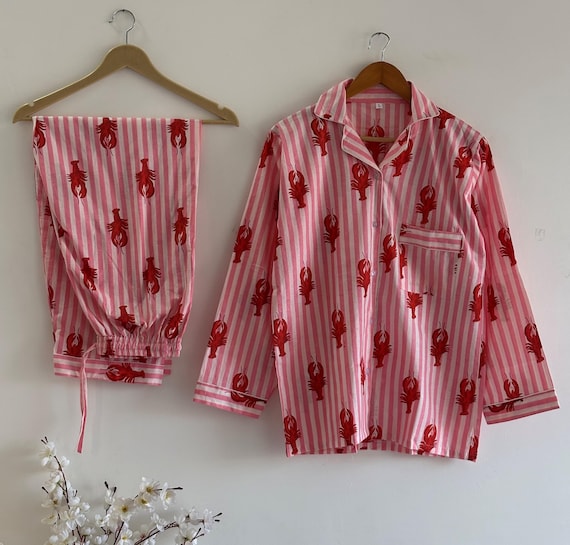 Luxury Cotton Nightwear Set | Red Lobster Pattern Pink Stripes Pajamas