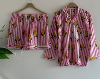 Pink Striped Lemon Print Cotton PJ Set | Soft Women's Summer Nightwear