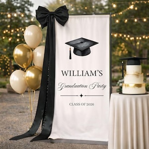 May include: A graduation party scene featuring a banner with a graduation cap illustration and the text "WILLIAM'S Graduation Party CLASS OF 2026". Gold and cream balloons and a three-tiered cake with gold accents are also visible.
