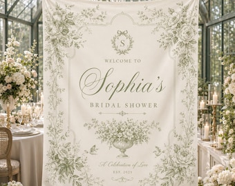 Personalized Bridal Shower Tapestry Sage Green Floral Banner Custom Name Monogram Elegant Garden Party Decor