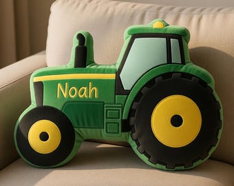 Personalized Tractor Throw Pillow for Kids – Green Farm Tractor Shaped Cushion, Soft Nursery & Bedroom Decor Gift