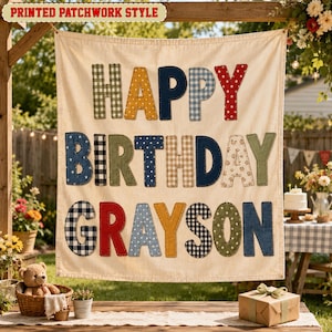 Custom Happy Birthday Banner, Personalized Printed Patchwork Style Backdrop, Kids Birthday Party Decor, Custom Name Fabric Sign