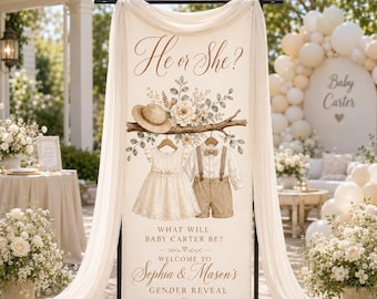 May include: A vertical fabric banner for a gender reveal party featuring the text He or She? What will baby Carter be? Welcome to Sophia & Mason's Gender Reveal 08.16.2026. The design shows a straw hat, a dress, and shorts with suspenders.