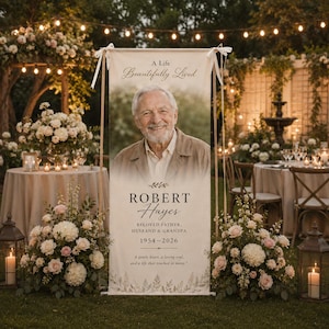 May include: A memorial banner with a photo of a smiling older man, Robert Hayes, with the text "A Life Beautifully Lived." The banner includes the years 1954-2026 and is decorated with floral elements. The scene is set outdoors with flowers and string lights.