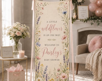 Wildflower Baby Shower Welcome Banner, Personalized Floral Fabric Sign, Girl Shower Decor, Garden Party Backdrop, Custom Name Banner