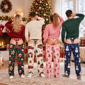 May include: Four individuals wearing long-sleeved sweaters and holiday-themed pajama pants with matching thongs. The pants feature patterns of gingerbread men, red trucks, Christmas trees, and snowmen, paired with coordinating plaid or patterned thongs.